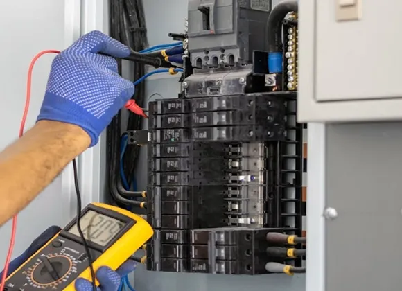 Outlet and switch repair specialist using a voltage tester to check light switch functionality.